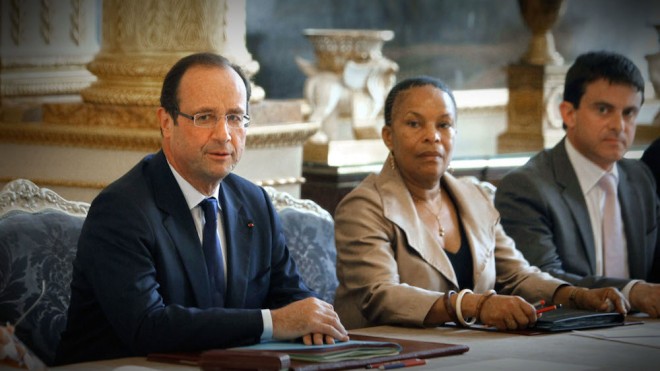 François Hollande, Christiane Taubira et Manuel Valls en Conseil des Ministres